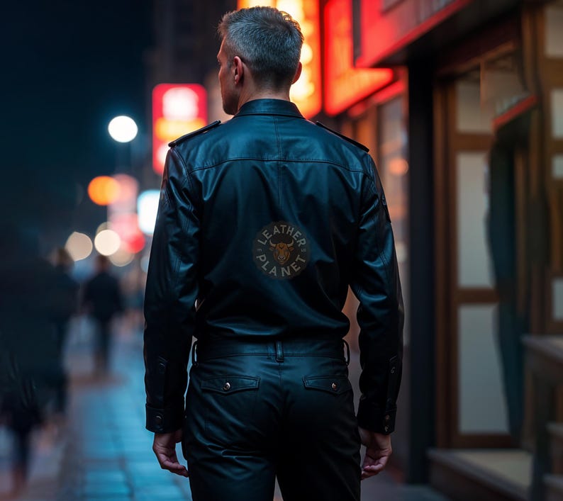 May include: A person wearing a black leather jacket and pants. The jacket has a patch on the back that says "Leather Planet" with a bull's head logo.