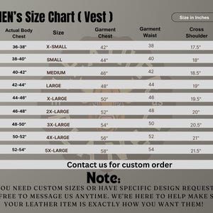 May include: A vest size chart with measurements in inches. Sizes range from X-Small to 5X-Large, detailing actual body chest, garment chest, garment waist, and cross shoulder measurements. The text encourages custom orders.
