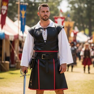 Puede incluir: Un kilt de cuero negro con ribetes rojos, combinado con un chaleco negro y una camisa blanca de manga larga. El atuendo incluye un cinturón negro con hebilla plateada y una pequeña bolsa. Se sostiene una espada plateada en la mano.