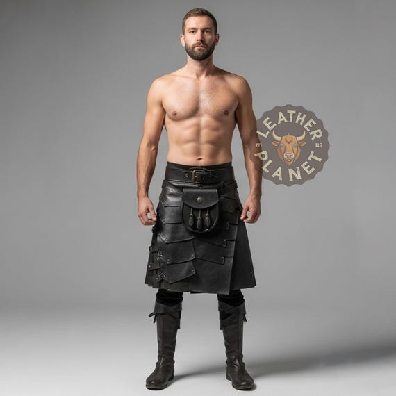 Handmade Men’s Genuine Black Leather Kilt | Custom Medieval Cosplay Outfit | Personalized Viking Festival Skirt | Tailored Renaissance LARP