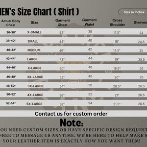 May include: A size chart for shirts, with measurements in inches. The chart includes sizes from X-Small to 5X-Large, detailing actual body chest, garment chest, waist, cross shoulder, and sleeve lengths. It also includes a note about custom orders.