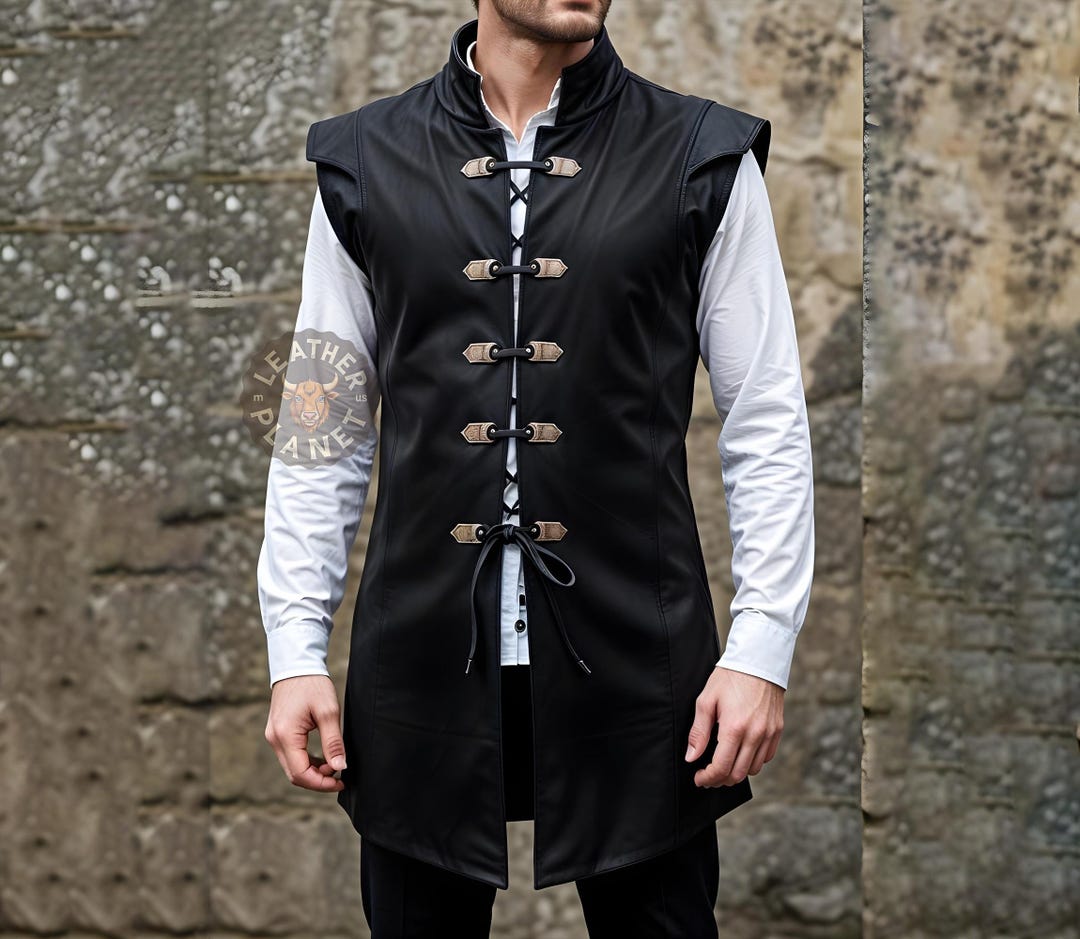Custom Black Leather Long Vest | Men's Sleeveless Gothic Coat | Cosplay ...