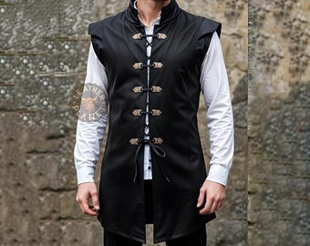 Custom Black Leather Long Vest | Men's Sleeveless Gothic Coat | Cosplay & Costume Vest Gothic Leather Vest | Custom Leather Costume Vest