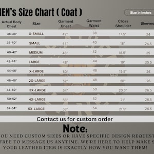 May include: A size chart for coats, showing measurements in inches for chest, waist, shoulder, and sleeves. The chart includes sizes from X-Small to 5X-Large.