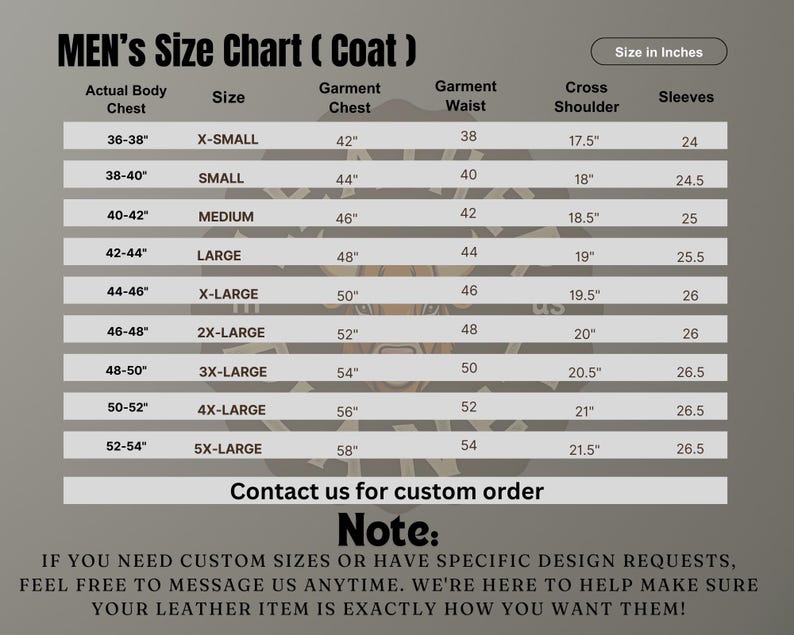 May include: A size chart for coats, showing measurements in inches for chest, waist, shoulder, and sleeves. The chart includes sizes from X-Small to 5X-Large.