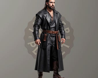 100% Real Cowhide Black Leather Trench Coat Men - Black Leather Long Coat Men - Handmade Black Leather Medieval Jacket Men - Gift For Him