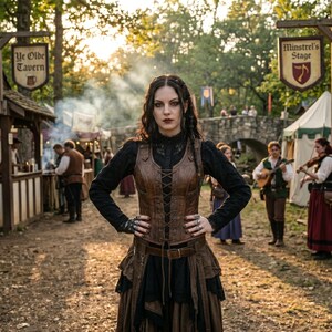 May include: A brown leather corset with front lacing worn over a black long-sleeved shirt and a layered brown skirt. The outfit includes a brown leather belt and multiple silver rings on the fingers, set against a background of a festival.
