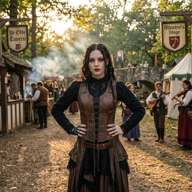 May include: A brown leather corset with front lacing worn over a black long-sleeved shirt and a layered brown skirt. The outfit includes a brown leather belt and multiple silver rings on the fingers, set against a background of a festival.