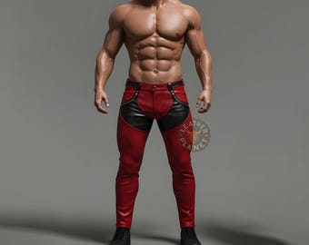 Può includere: Pantaloni in pelle rossa e nera a vita bassa. I pantaloni hanno una zip e passanti per la cintura.