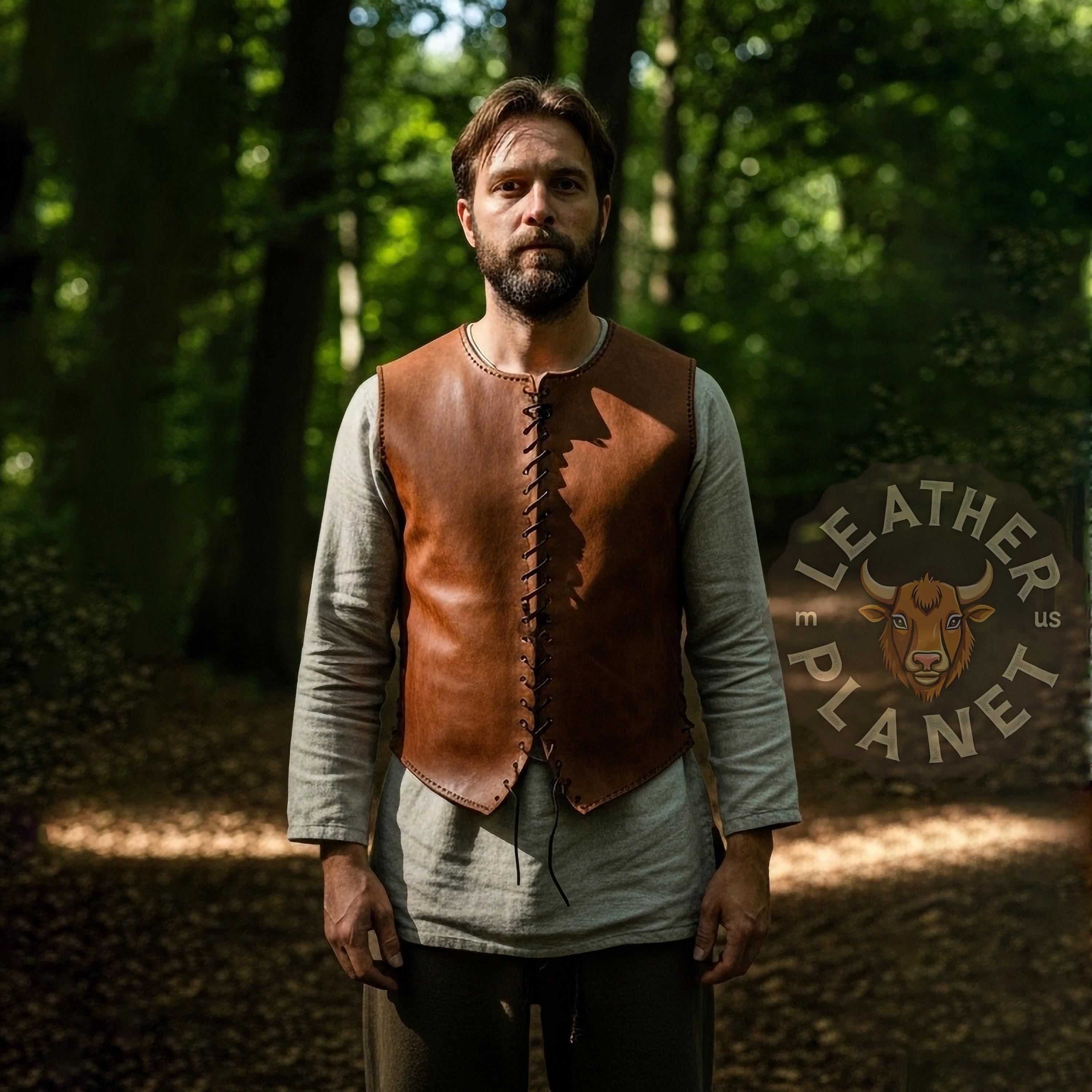 Handmade Men's Genuine Leather Vest | Medieval Brown Lace-up