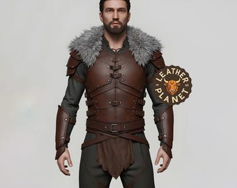 Viking Warrior Leather Armor with Faux Fur Collar – Handmade Medieval LARP Costume Chestplate | Fantasy Cosplay Outfit