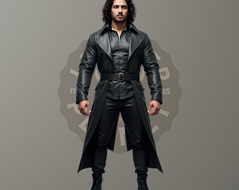 100% Genuine Black Leather Trench Coat Men - Black Leather Long Coat For Men - Handmade Black Leather Medieval Jacket Men - Gift For Him