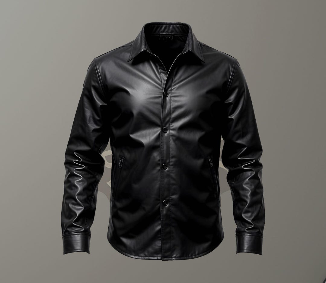 Men’s Black Genuine Leather Shirt with Red Accents