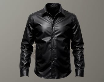 May include: A black leather shirt with a button-up front and long sleeves.
