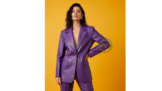 Handmade Women’s Genuine Leather Suit | Custom Purple Blazer & Pants Set | Personalized Office Chic | Tailored Power Look