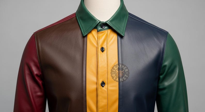 May include: A color-blocked leather shirt with a collared neckline. The shirt features panels of red, brown, yellow, navy, and green. The shirt has black buttons and a logo on the lower right side.
