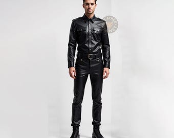 Premium Unisex Black Leather Shirt & Pants Set | Police Uniform Design | Tailored Fit | Custom Size Available | Leather Outfit Perfect Gift