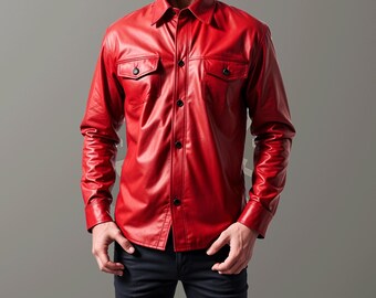 May include: A red leather long-sleeved shirt with a button-down front and two flap pockets.