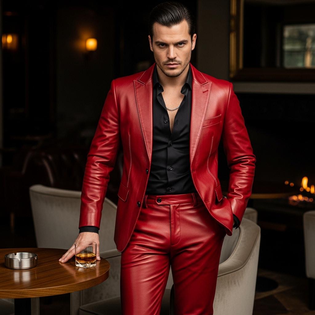 Tailored Red Leather Suit | Premium Cowhide Two-piece Set | Luxury