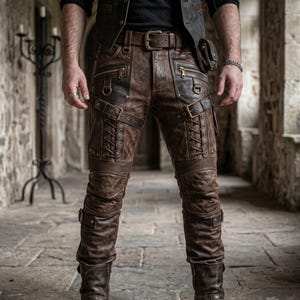 May include: Brown leather trousers featuring a dark brown leather belt, multiple zipped pockets, brass-toned buckles, and side lacing details. The trousers include quilted knee panels, horizontal ribbed sections above the knees, and additional straps.