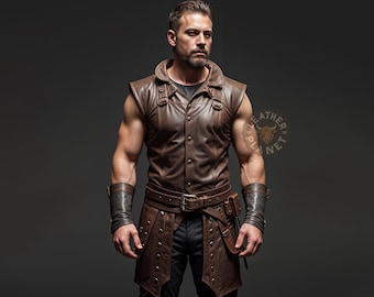 Op de afbeelding: Een bruin leren vest zonder mouwen met een knoopsluiting en een riem. Het vest heeft een verweerde look en is versierd met metalen studs en gespen.