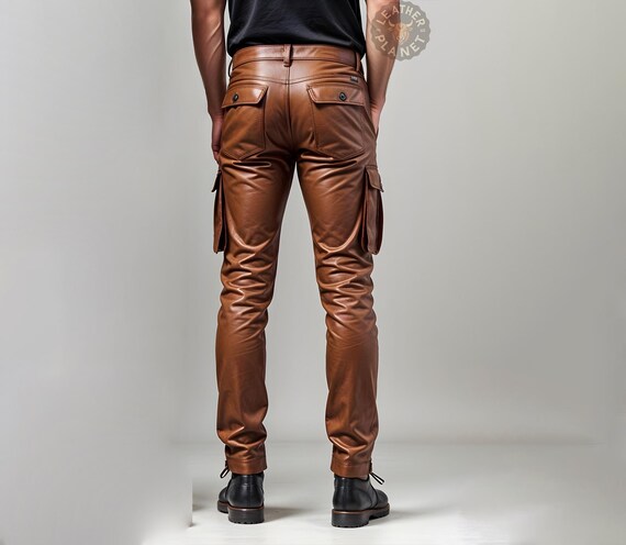 Pantalones cargo de cuero genuino marrón para hombre Pantalones