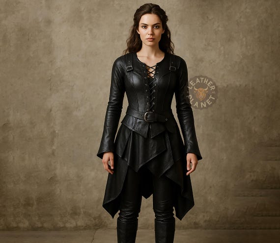 Gothic Warrior Womens Leather Coat Dress | Steampunk Renaissance Corset  Jacket | Custom Handmade Fantasy LARP Outfit