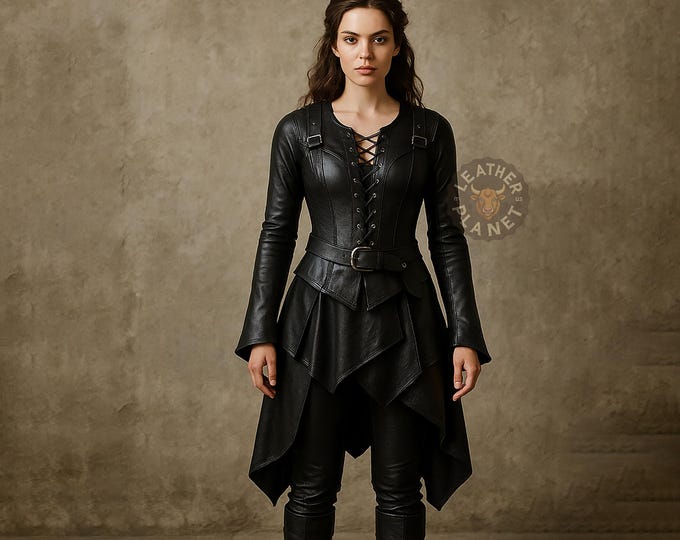 Gothic Warrior Women’s Leather Coat Dress | Steampunk Renaissance Corset Jacket | Custom Handmade Fantasy LARP Outfit