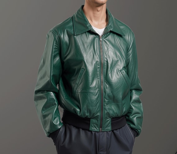ジャケット・アウター 70s Leather Jacket Green Men's 70's Jacket Green Classic Collared Blazer Real Cowhide