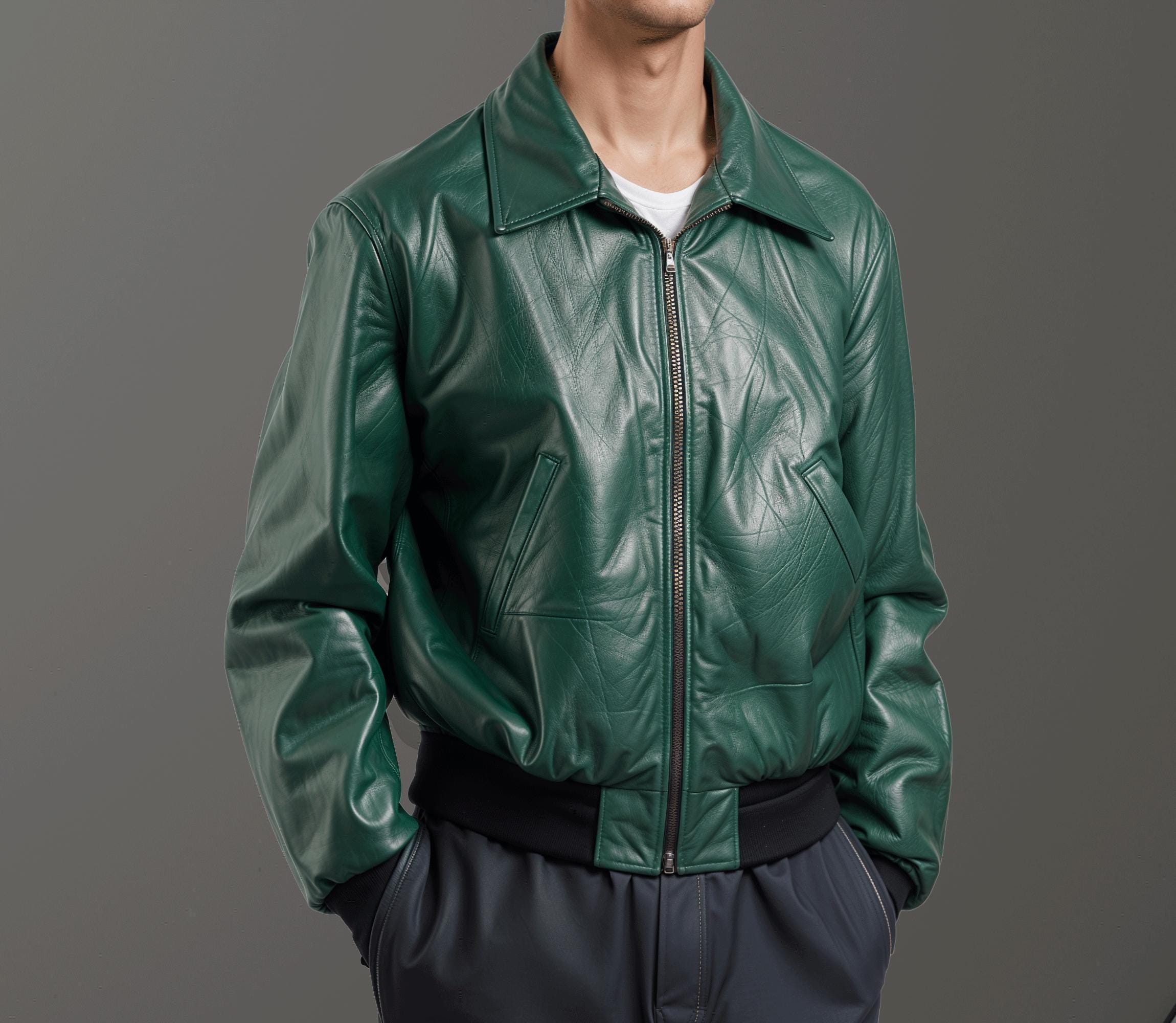 100% Real Sheepskin Leather Bomber Jacket Men - Handmade Green
