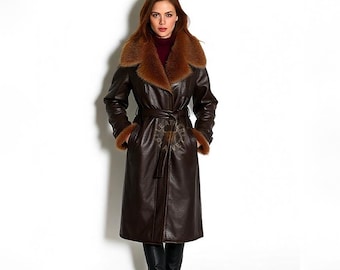 Abrigo de piel de cuero marrón genuino para mujer - Abrigo de cuero marrón estilo vintage - Abrigo de invierno de cuero marrón personalizado para mujer - Regalo perfecto