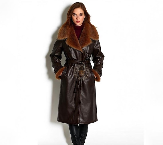 Manteau de fourrure en cuir marron véritable pour femme Manteau