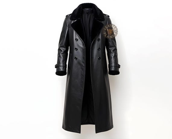 Genuine Black Leather Long Coat with Fur | Cowhide Leather Trench Coat | Personalized Black Leather Jacket for Men/Women | Luxury Outerwear