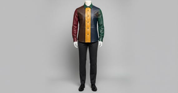 Handmade Multicolor Leather Shirt | Custom Genuine Cowhide Shirt | Retro Patchwork Streetwear | Tailored Men’s Casual Leather Top