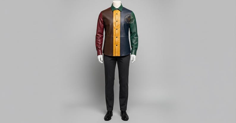 May include: A multi-colored leather shirt with long sleeves, displayed on a mannequin. The shirt features panels of burgundy, brown, yellow, navy, and green. The collar is green, and a small design is on the right shoulder. The mannequin is wearing dark gray pants and black shoes.