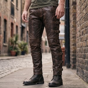 Handmade Men's Distresse Leather Pants Genuine d Brown Cowhide Side Buckle Biker Trousers Slim Fit Moto Gothic Custom Made Jeans