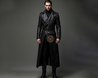 Retro Trench Coat Men Real Leather Long Jacket Full Length