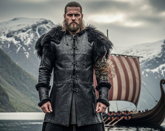 Armadura vikinga de cuero genuino hecha a mano / Túnica y guanteletes de piel medieval / Traje de cosplay de guerrero nórdico personalizado / Equipo de batalla LARP