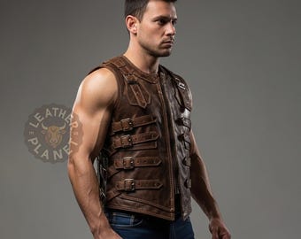 May include: Brown leather vest with multiple buckles and a zipper closure. The vest has a round neckline and is sleeveless. The Leather Planet logo is visible on the left side. The model is wearing blue jeans.