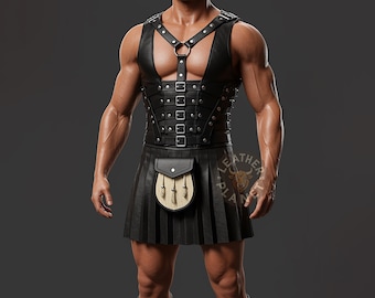 Real Black Leather Gladiator Kilt & Harness Vest for Men | Customizable Gladiator Gear | Durable Stylish Leather Kilt for Men - Perfect Gift