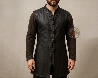 Custom Black Leather Steampunk Long Vest for Men | Gothic Warrior Cosplay Vest | Handmade Renaissance Festival Outfit