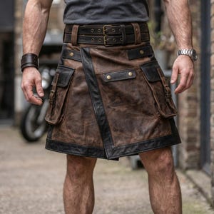 Op de afbeelding: Bruin leren kilt met zwarte accenten, voorzien van meerdere zakken en een brede riem met dubbele gespen. De kilt heeft een versleten, verweerde uitstraling, wat wijst op een vintage of biker-stijl. De riem is ongeveer 5 cm breed.