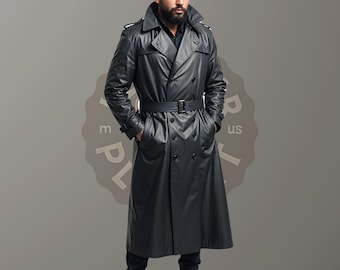 Retro Trench Coat Men Real Leather Long Jacket Full Length