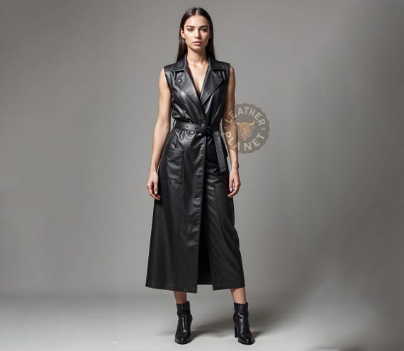 Women's Genuine Leather Sleeveless Trench Dress | Long Belted Black Leather  Coat Dress | Custom Handmade Gothic Chic