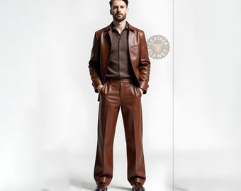 Men's 2-Piece Genuine Leather Suit | Brown Leather Blazer & Trousers Set | Retro Style Streetwear | Custom Tailored Formalwear