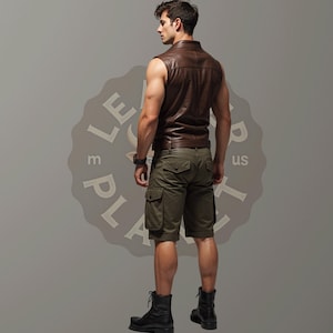 May include: A brown leather sleeveless vest with a button closure and a man wearing it with green cargo shorts.