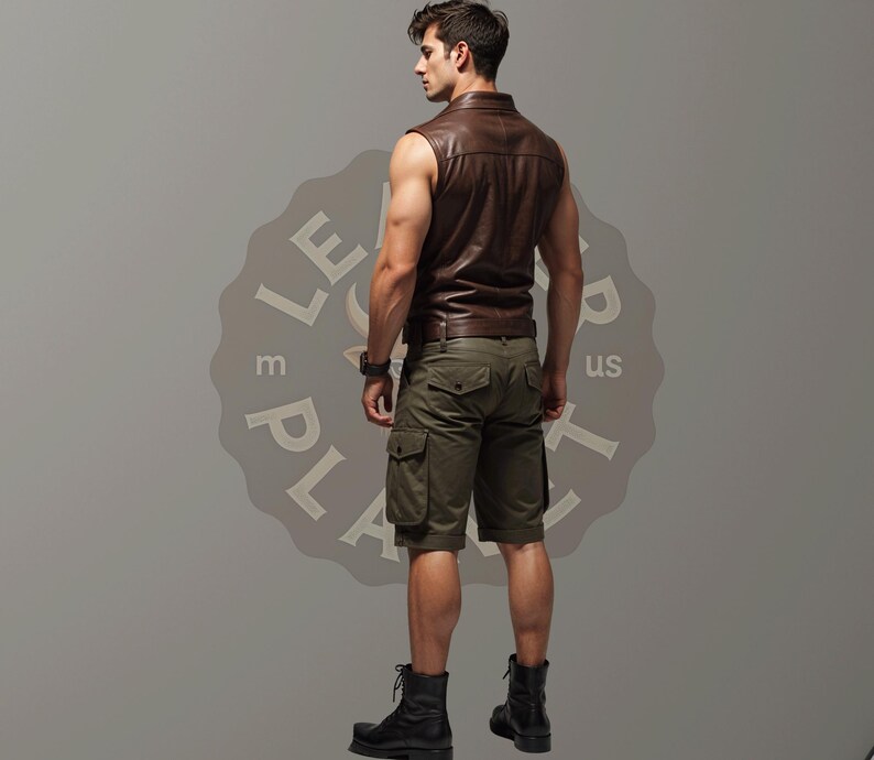 May include: A brown leather sleeveless vest with a button closure and a man wearing it with green cargo shorts.