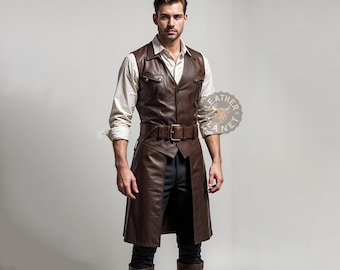 Custom Brown Leather Long Vest | Men's Sleeveless Gothic Coat | Cosplay & Costume Vest