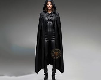 Genuine Black Leather Cloak for Women | Customizable Leather Overcoat | Stylish & Durable Cloak | Trendy Leather Outerwear for Women