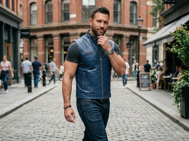 May include: A man in a blue leather vest with a textured design, a grey t-shirt, and blue jeans. He wears a watch and bracelet. The background is a cobbled street with brick buildings.